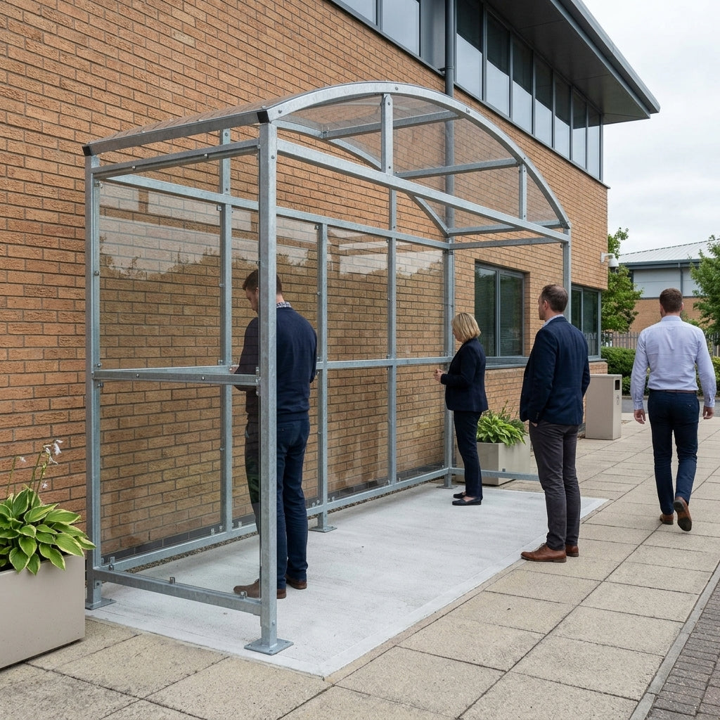 4m wide free-standing smoking shelter, galvanised steel, 1–5m lengths