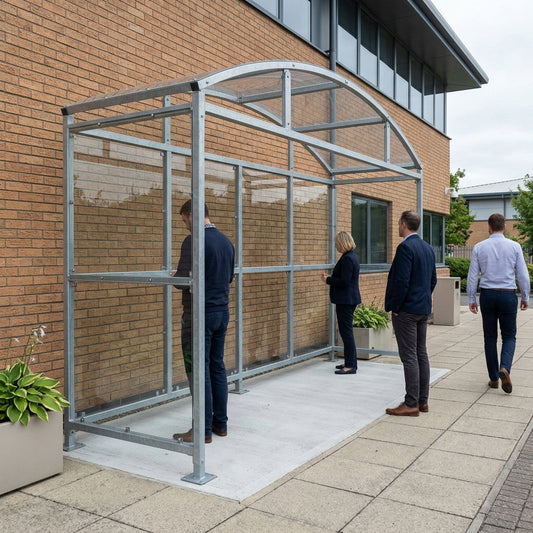 4m wide free-standing smoking shelter, galvanised steel, 1–5m lengths