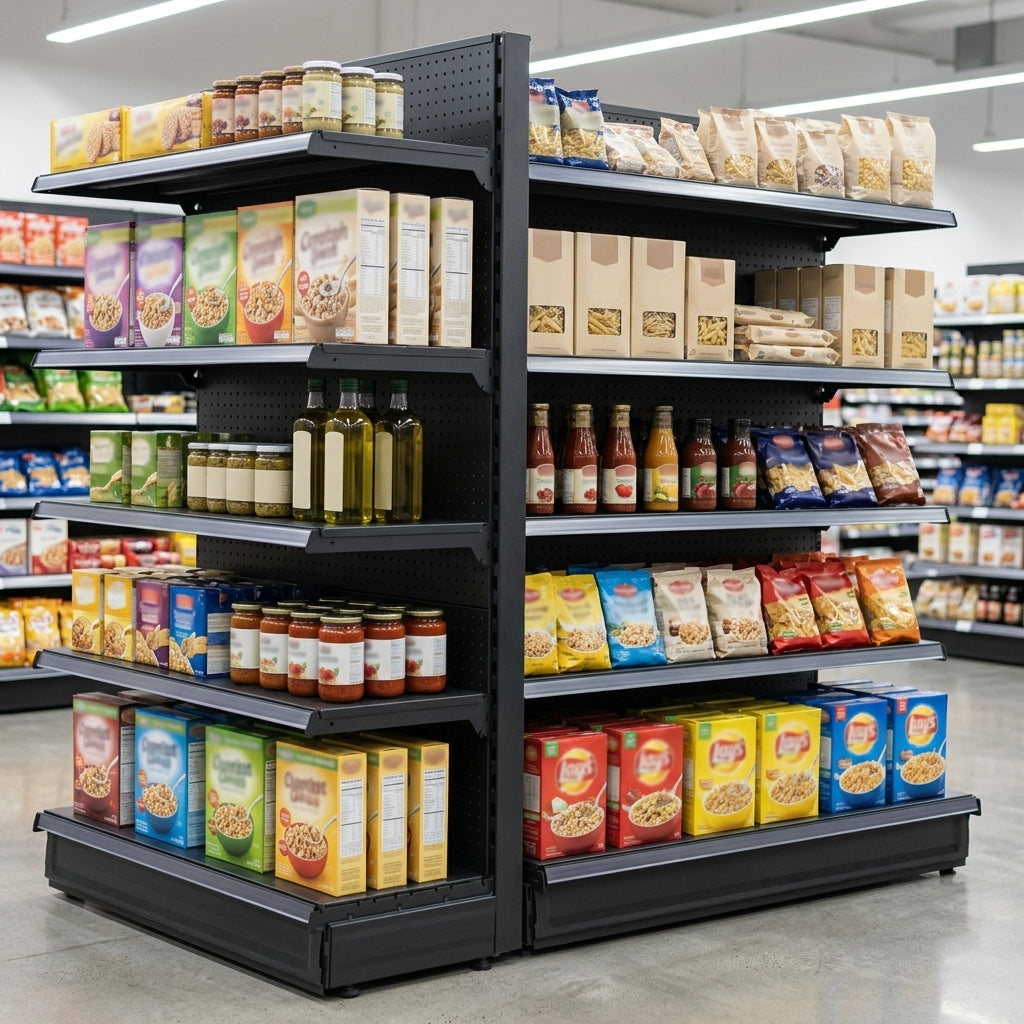 2.1m High End Promo Bay Shelving Unit with Base Shelf – 665–1250mm