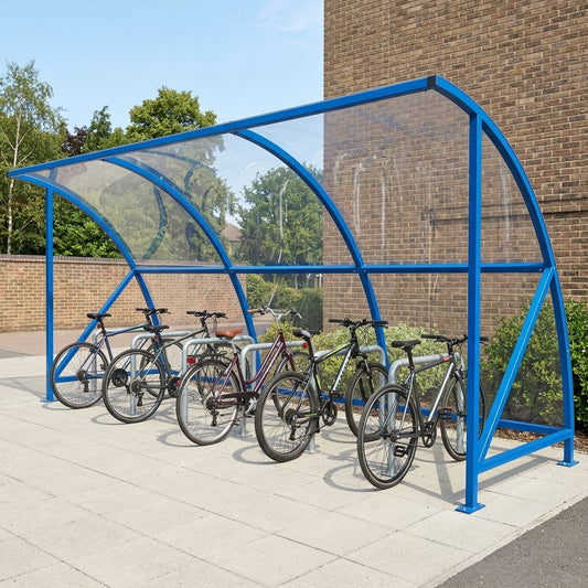 12-space cycle shelter, steel frame, UV2 PetG roof