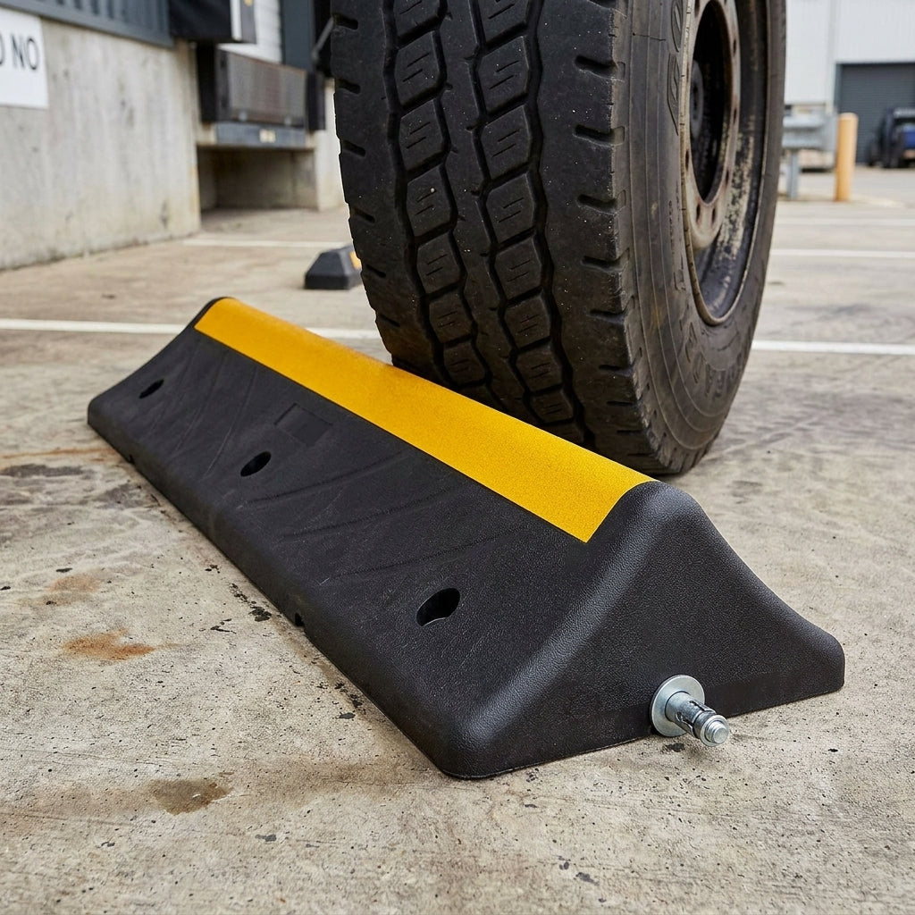 Heavy Duty Recycled HGV Wheel Stop with Yellow Safety Band (view 2)
