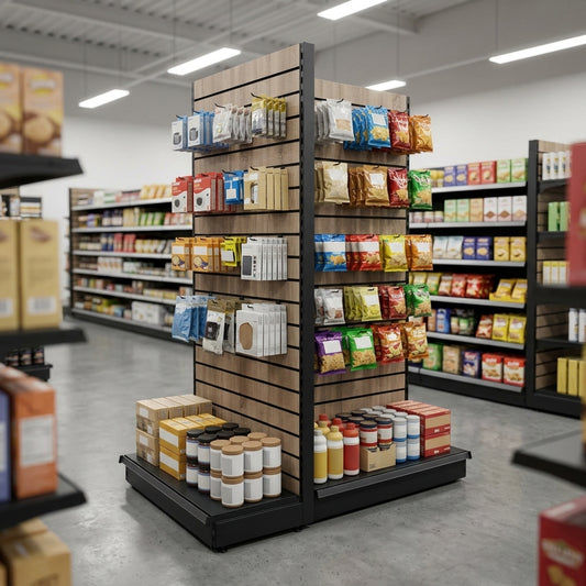 2.1m Wood Effect End Bay Display – 300mm Base Shelf