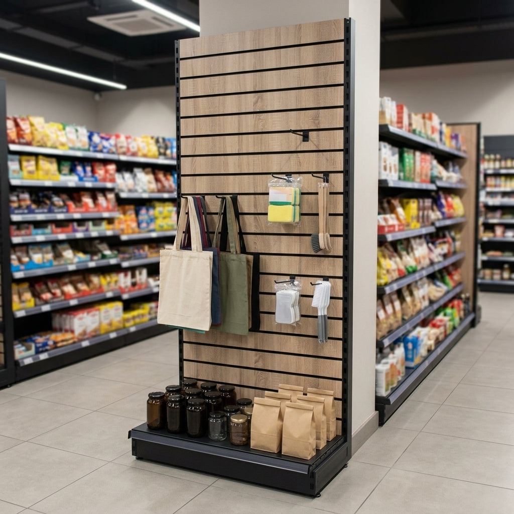 1.8m Wood Effect Wall Bay Display – 470mm Base Shelf