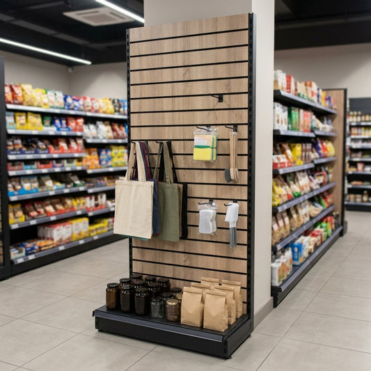 1.8m Wood Effect Wall Bay Display – 470mm Base Shelf
