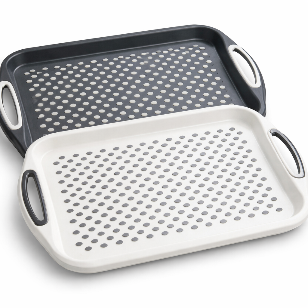 Premium Anti-Slip Rectangular Plastic Dinner and Drinks Serving Tray Set - High Grip Rubber Surface, Easy Grip Handles, Dishwasher Safe