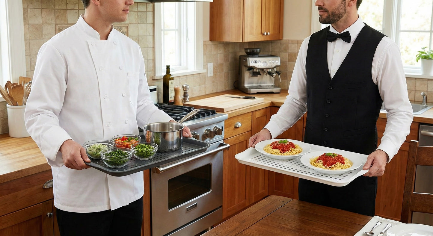 Premium Anti-Slip Rectangular Plastic Dinner and Drinks Serving Tray Set - High Grip Rubber Surface, Easy Grip Handles, Dishwasher Safe