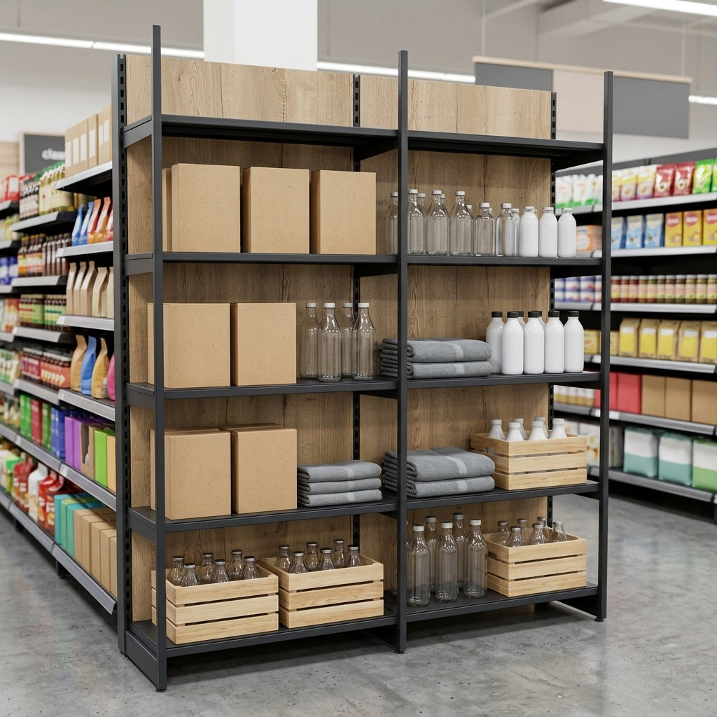 2.1m High Double Post Wooden Backed Wall Shelving Bay 5 Shelves