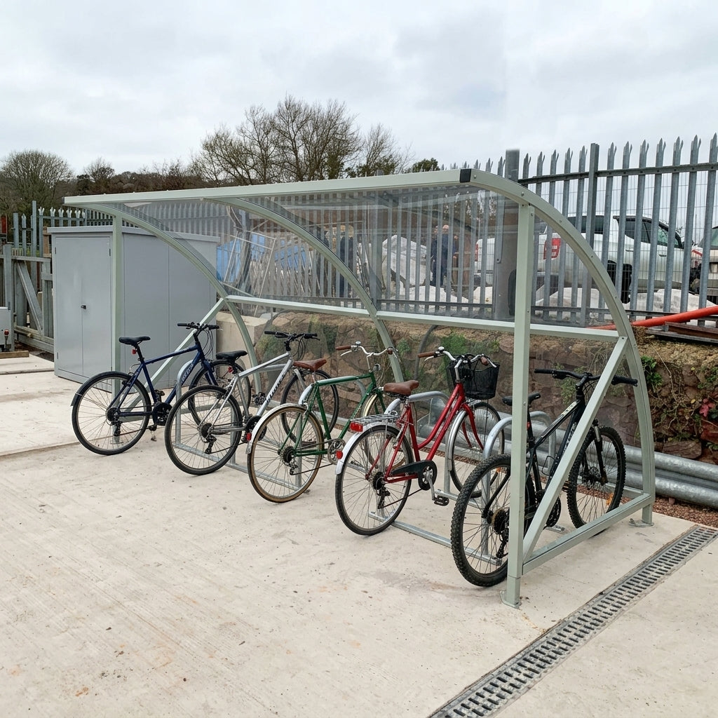 10-space cycle shelter with steel frame and UV2 PetG roof