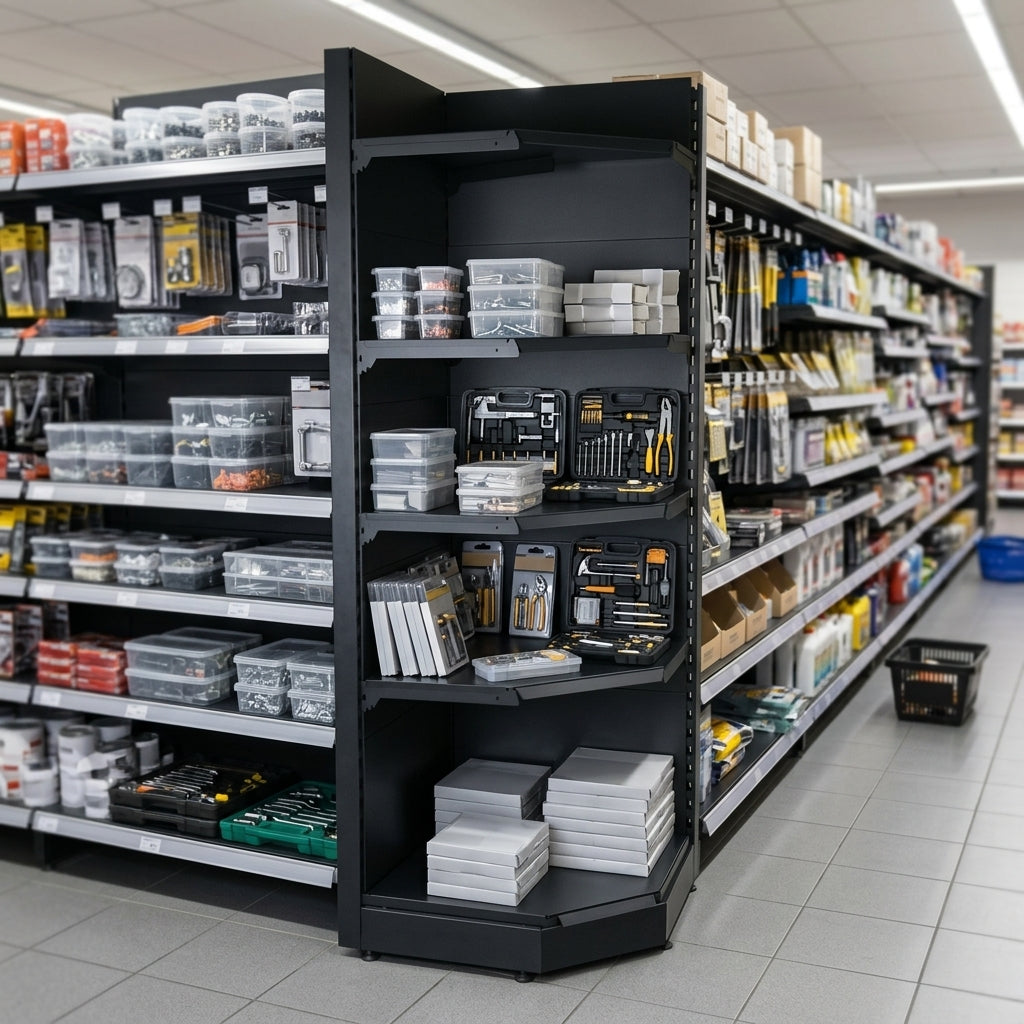 1.8m corner shelving bay with 470mm base and 370mm upper shelves