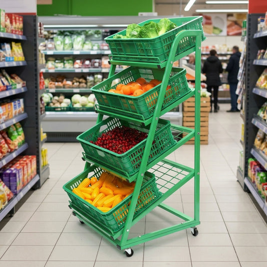 650mm 4-tier mobile fruit & veg display with green finish