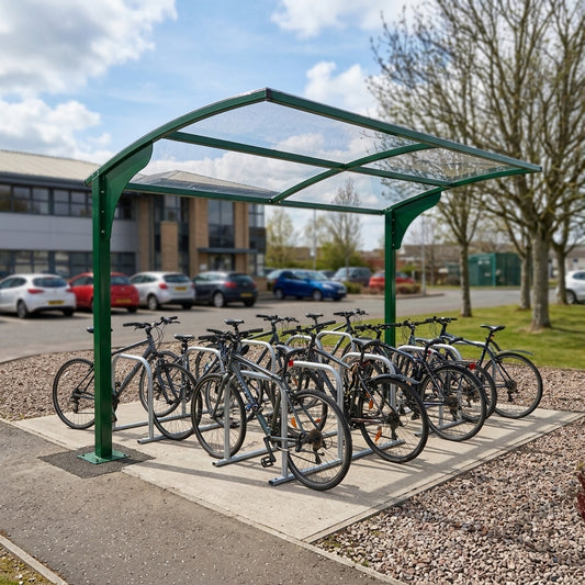 14-cycle bike shelter with steel frame and UV2 roof sheets