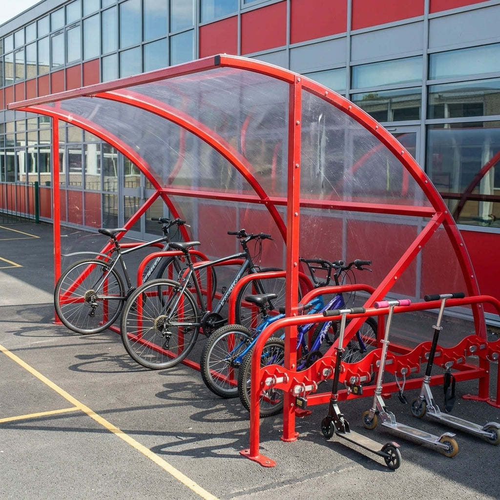 10-Bike Cycle Shelter with Scooter Rack – School Storage