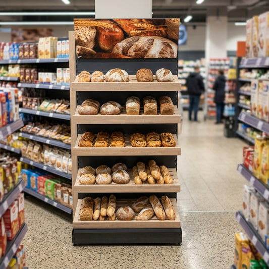 Wooden bakery display with risers – 665–1250mm widths
