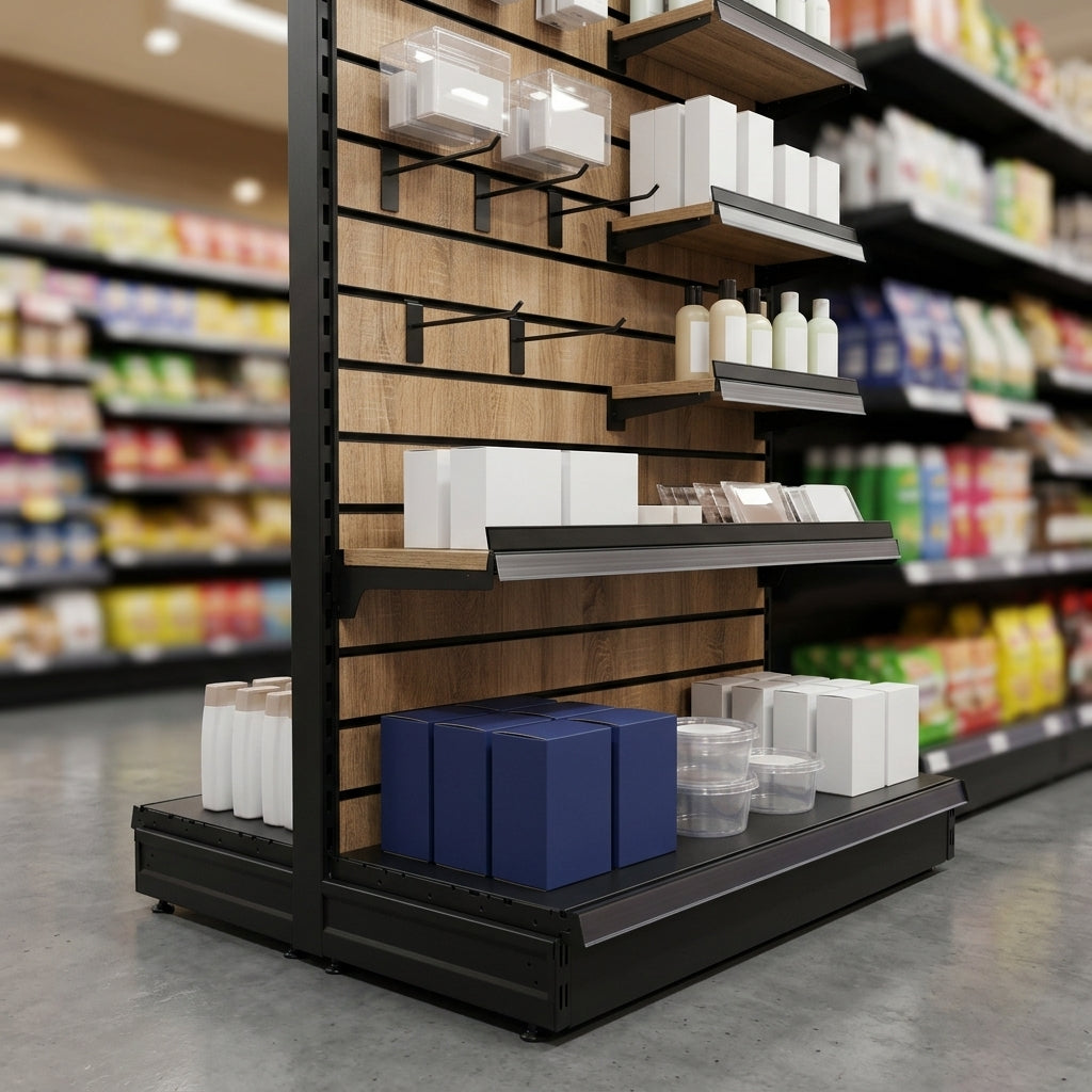 2.1m Wood Effect Wall Bay Display – 470mm Base Shelf (view 2)