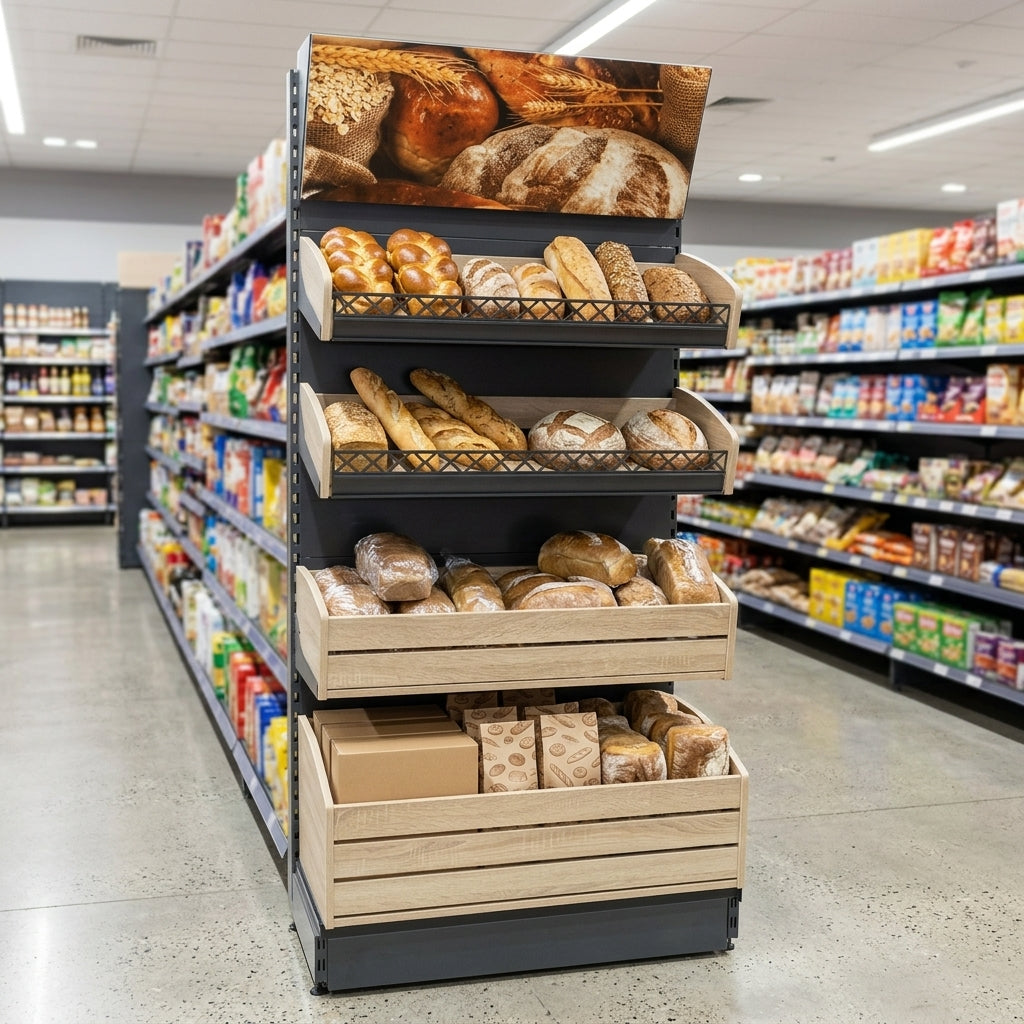 2.1m wooden bakery wall display with bucket shelves – oak or walnut