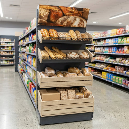 2.1m wooden bakery wall display with bucket shelves – oak or walnut