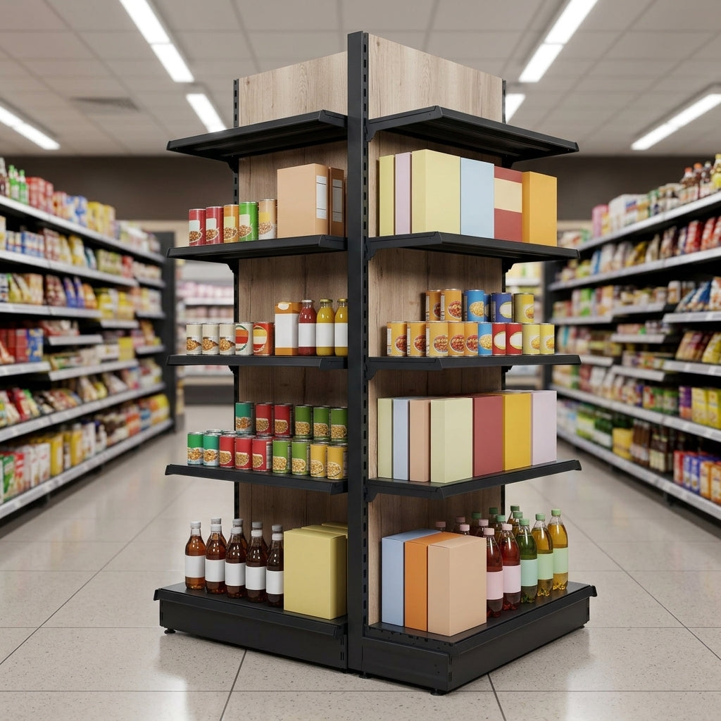 1.4m High Double-Sided Gondola Shelving Bay | 300mm Base | Wood Effect