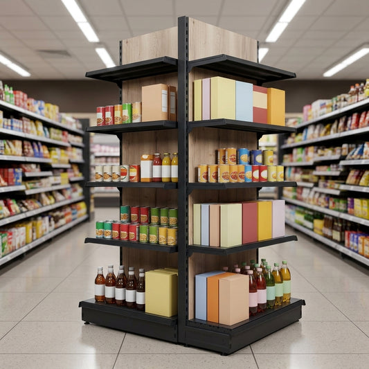 1.4m High Double-Sided Gondola Shelving Bay | 300mm Base | Wood Effect