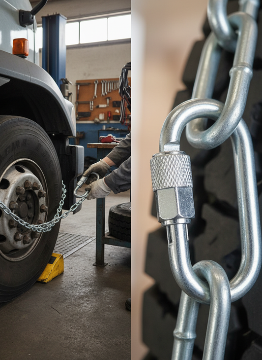 Premium Heavy Duty Wheel Chock Accessory with Galvanised Chain and Quick-Links for Secure Fixing - 0.7 kg Weight