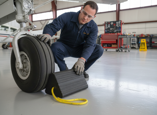 Premium Heavy Duty Rubber Aircraft Wheel Chock 225 x 195 x 333 mm with Yellow Carrying Rope for Safe Use
