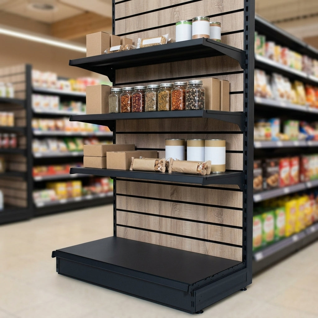 2.4m Wood Effect Wall Bay Display with 570mm Base Shelf (view 2)