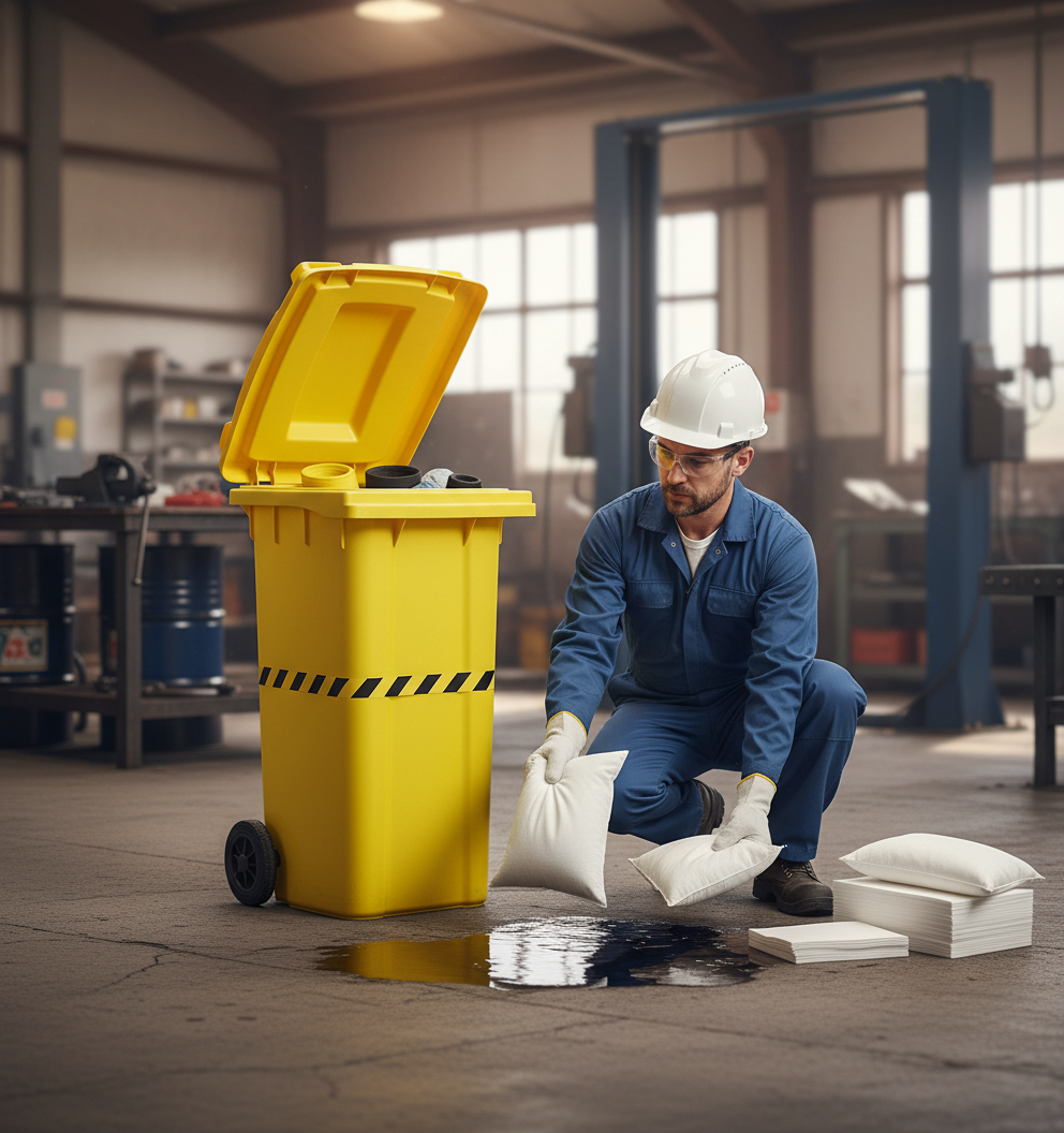 120ltr Oil Selective Spill Kit Two Wheel Bin with Hinged Lid - OS120SK ||  Absorbs Hydrocarbons but repels water