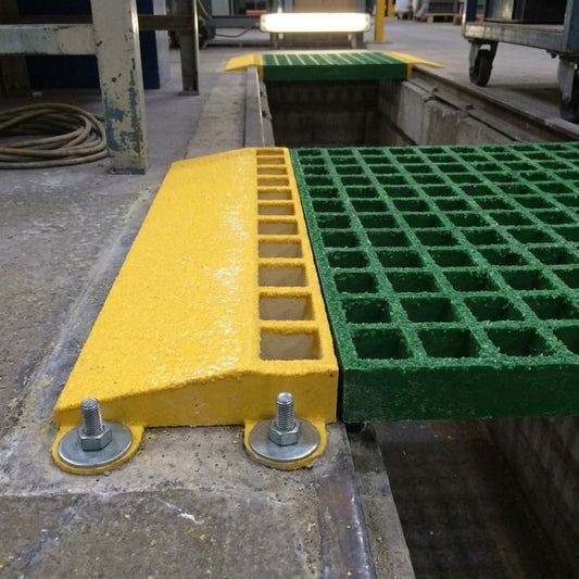 120mm Deep GRP Grating Ramp Safety Yellow 25mm/38mm Height