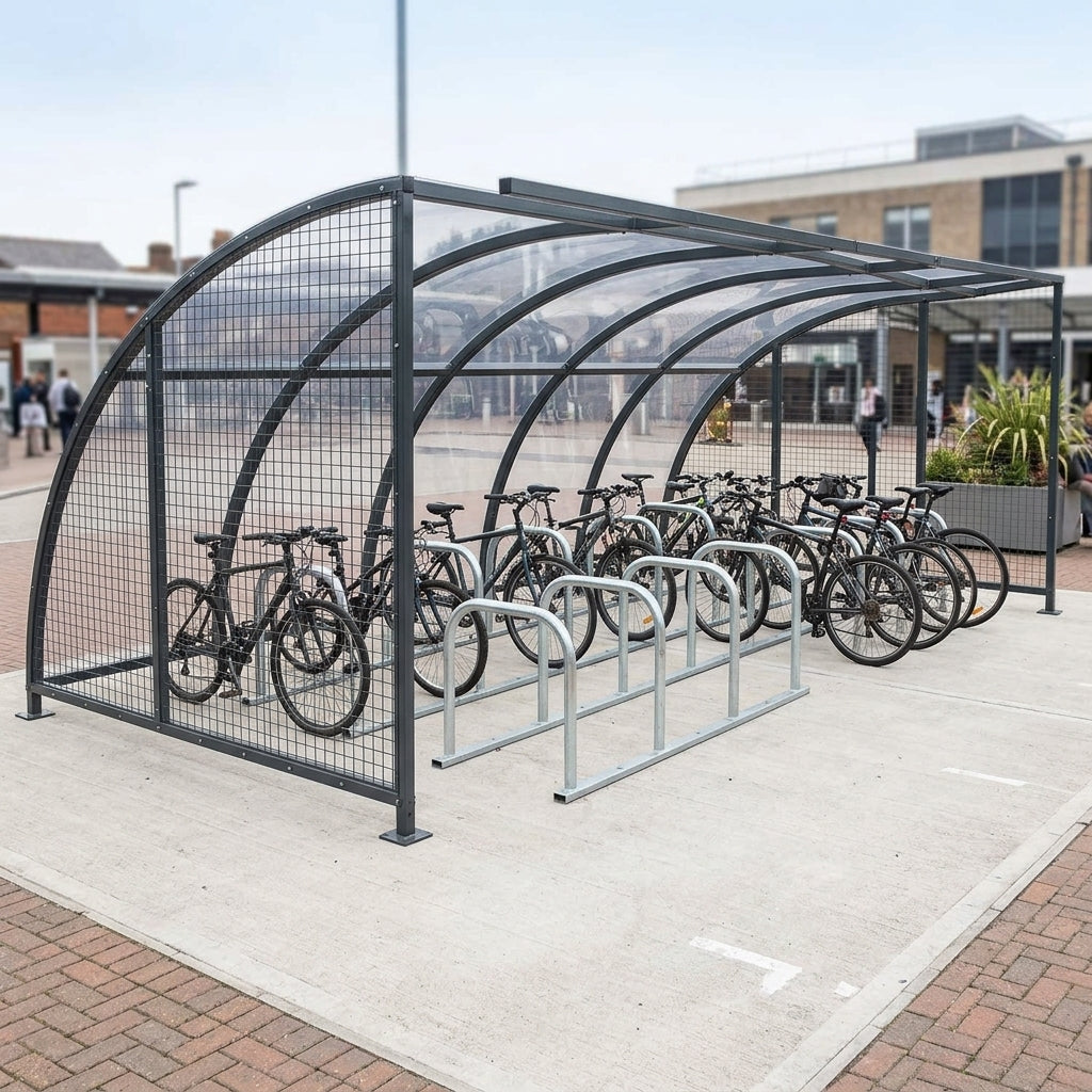 5.5m wide cycle compound shelter with mesh door & stands