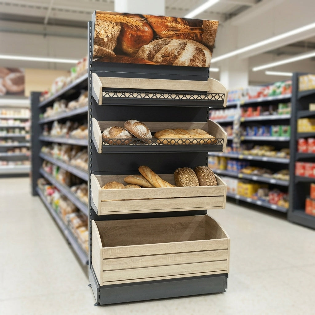2.1m wooden bakery wall display with bucket shelves – oak or walnut (view 2)