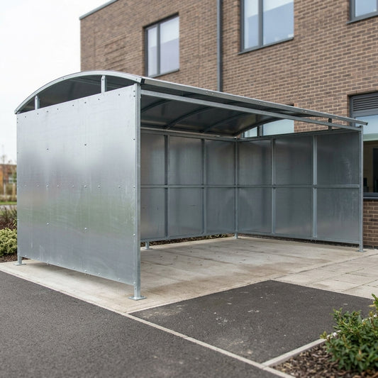 3m deep open-fronted storage shelter, galvanised steel, 1–5m wide