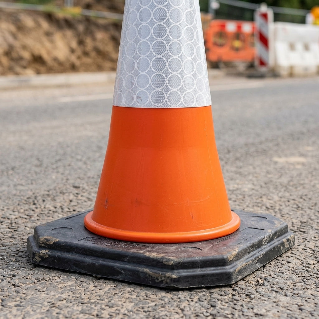 Two-part traffic cone with reflective sleeve and ballast base (view 2)