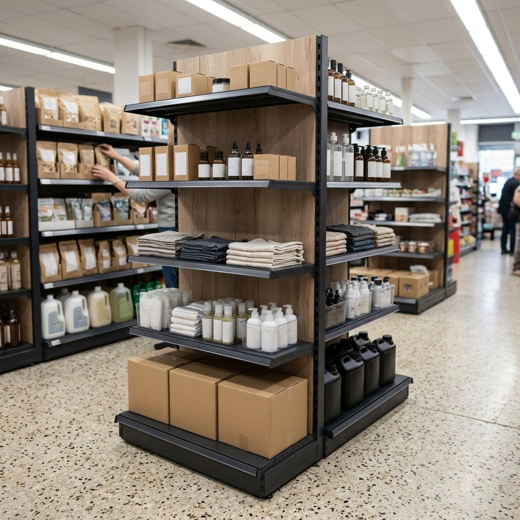 1.6m High Wood Effect End Bay Shelving – 300mm Base, 500–1000mm Wide