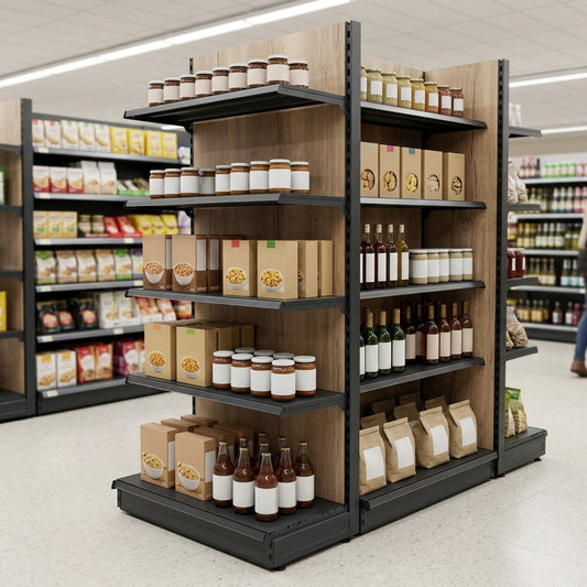 2.4m Wood Effect End Bay Shelving | 300mm Base | 500–1000mm Wide
