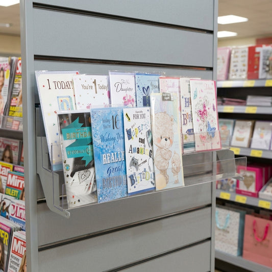 Slatwall acrylic card shelf, 2-tier, 665–1250mm widths
