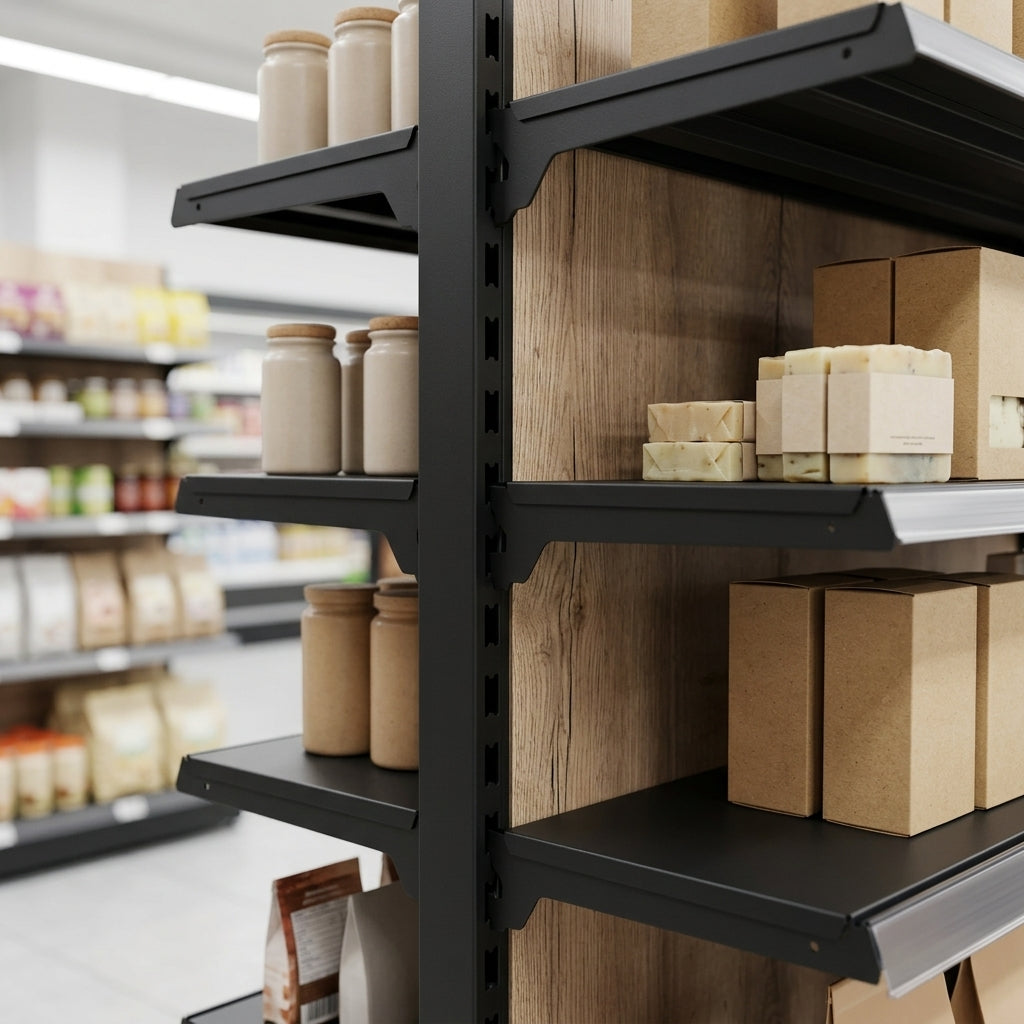 2.4m High Double-Sided Gondola Shelving Bay, Wood Effect (view 2)