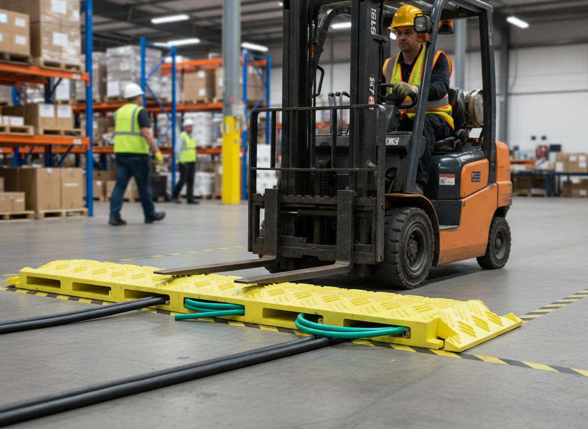 Premium Heavy Duty Hose and Cable Ramp for Vehicle Protection - 135 x 20 x 1000 mm with Drop-Over Design and High Visibility