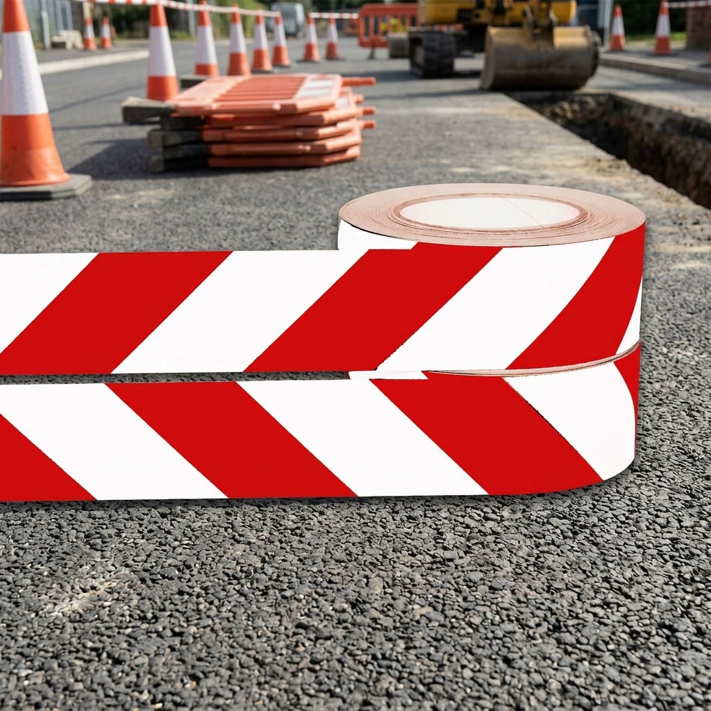 50mm x 25m Reflective Hazard Warning Tape, Red/White, 2 Rolls