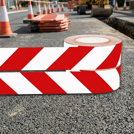 50mm x 25m Reflective Hazard Warning Tape, Red/White, 2 Rolls