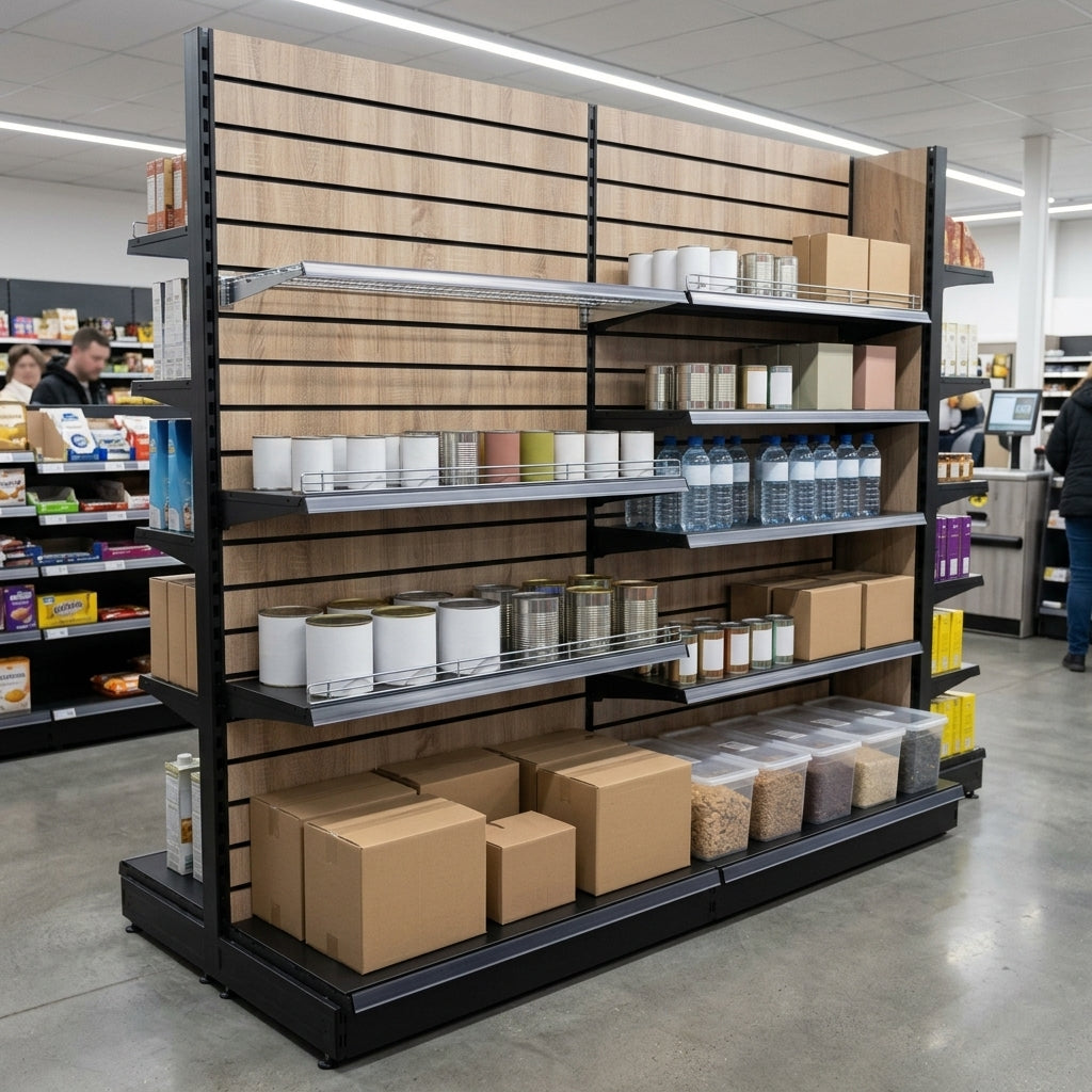 2.4m Wood Effect Wall Bay Display with 470mm Base Shelf