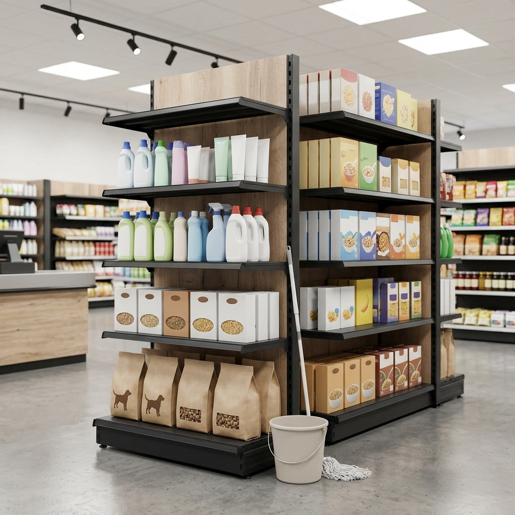 1.8m High Double-Sided Gondola Shelving Bay, 300mm Base Shelf
