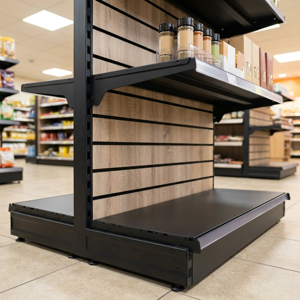 2.4m high wood-effect wall bay display with 300mm shelf (view 2)