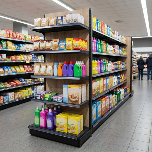 2.4m High Double-Sided Wood Effect Gondola Shelving Bay