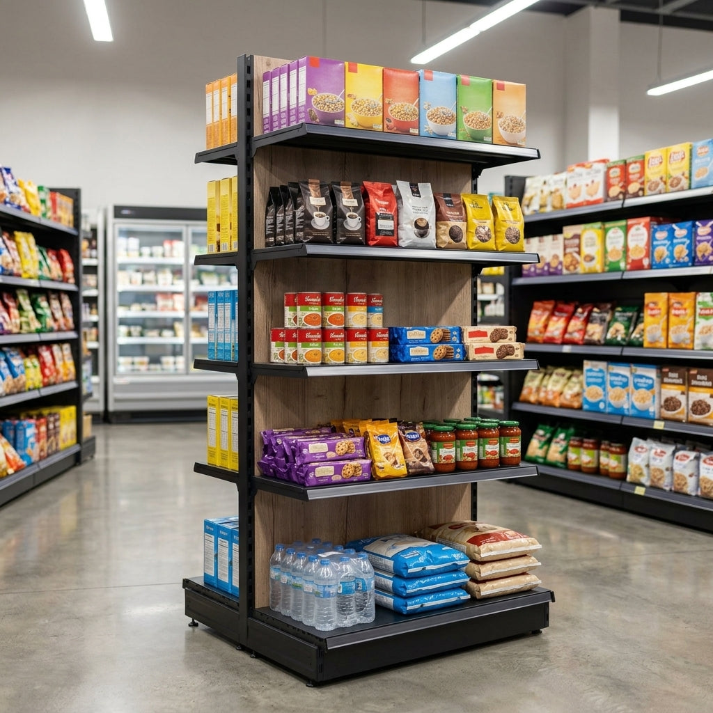 1.4m High Wood Effect Gondola Shelving Bay – 470mm Base