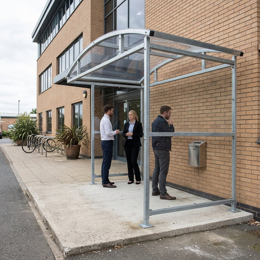 3m wide smoking shelter, galvanised steel, 1–5m lengths