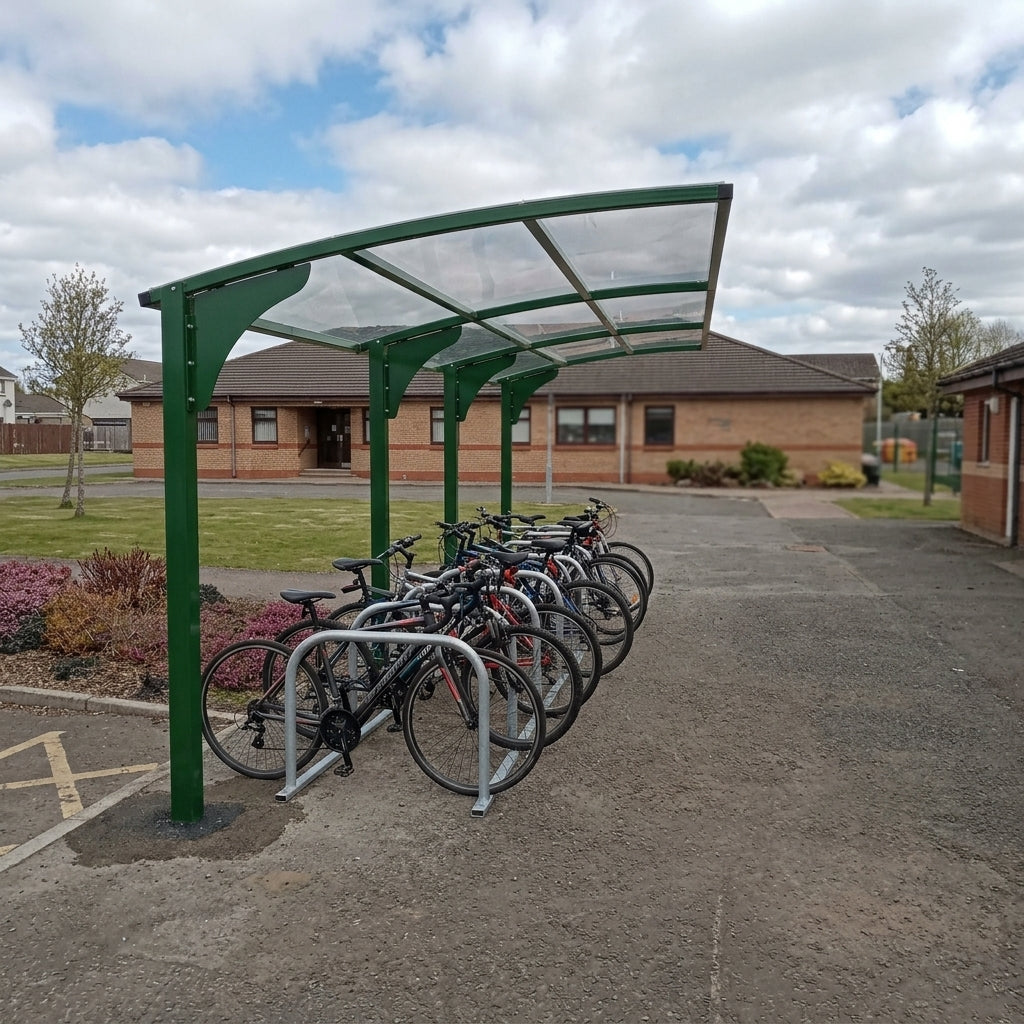 20-cycle bike shelter with steel frame and UV-resistant roof