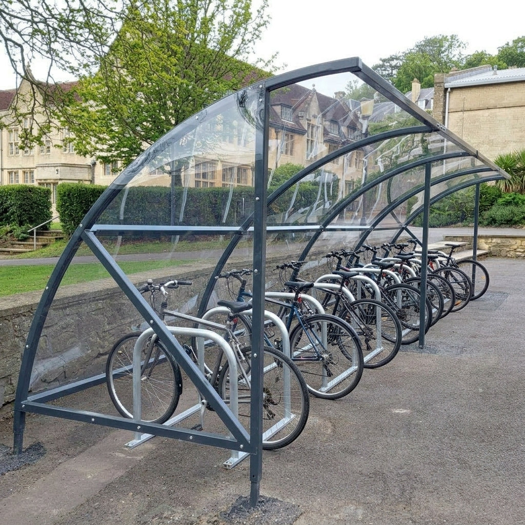 30-space cycle shelter, steel frame, UV2 PetG roof