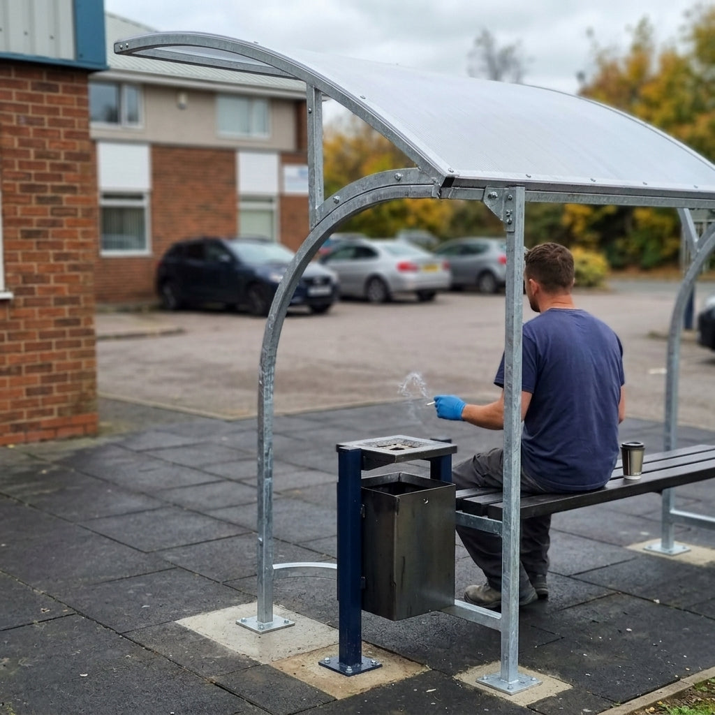 2m x 2m smoking shelter with bench and bin (view 2)