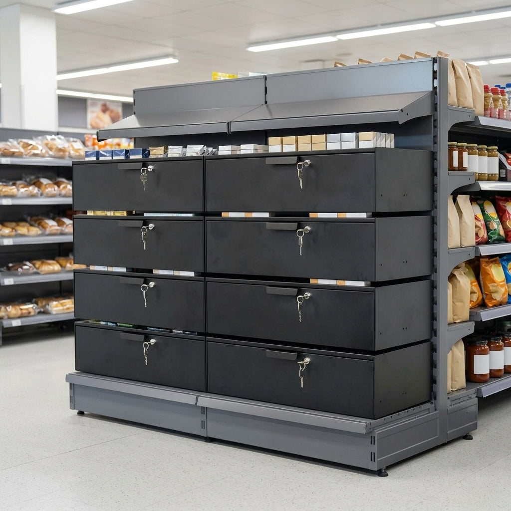 Under-counter tobacco drawer, lockable, 665–1250mm wide