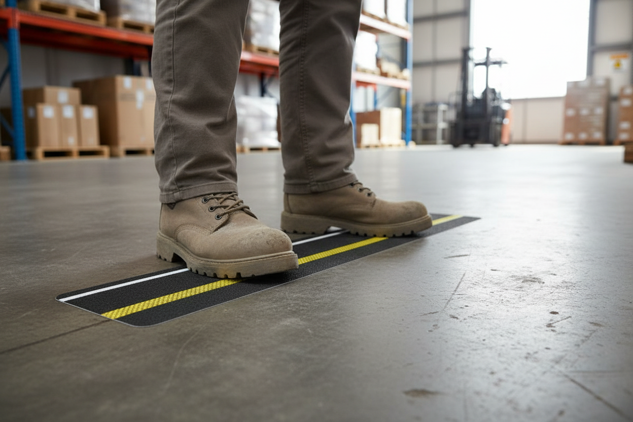 Premium Anti-Slip Pre-Cut Tile Tread with High-Visibility Yellow Stripe, 150mm x 610mm for Enhanced Safety in Low-Light Areas