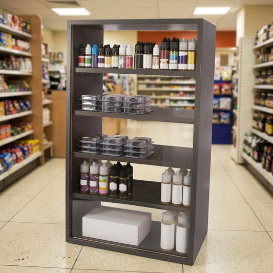 Open-backed countertop vape display with acrylic front, 300mm depth